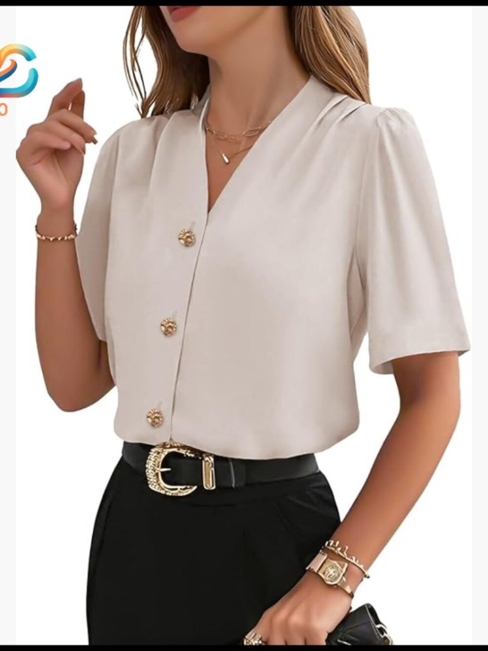 Short Sleeve Button Down Blouse Loose Fit V-Neck Business Casual Top
